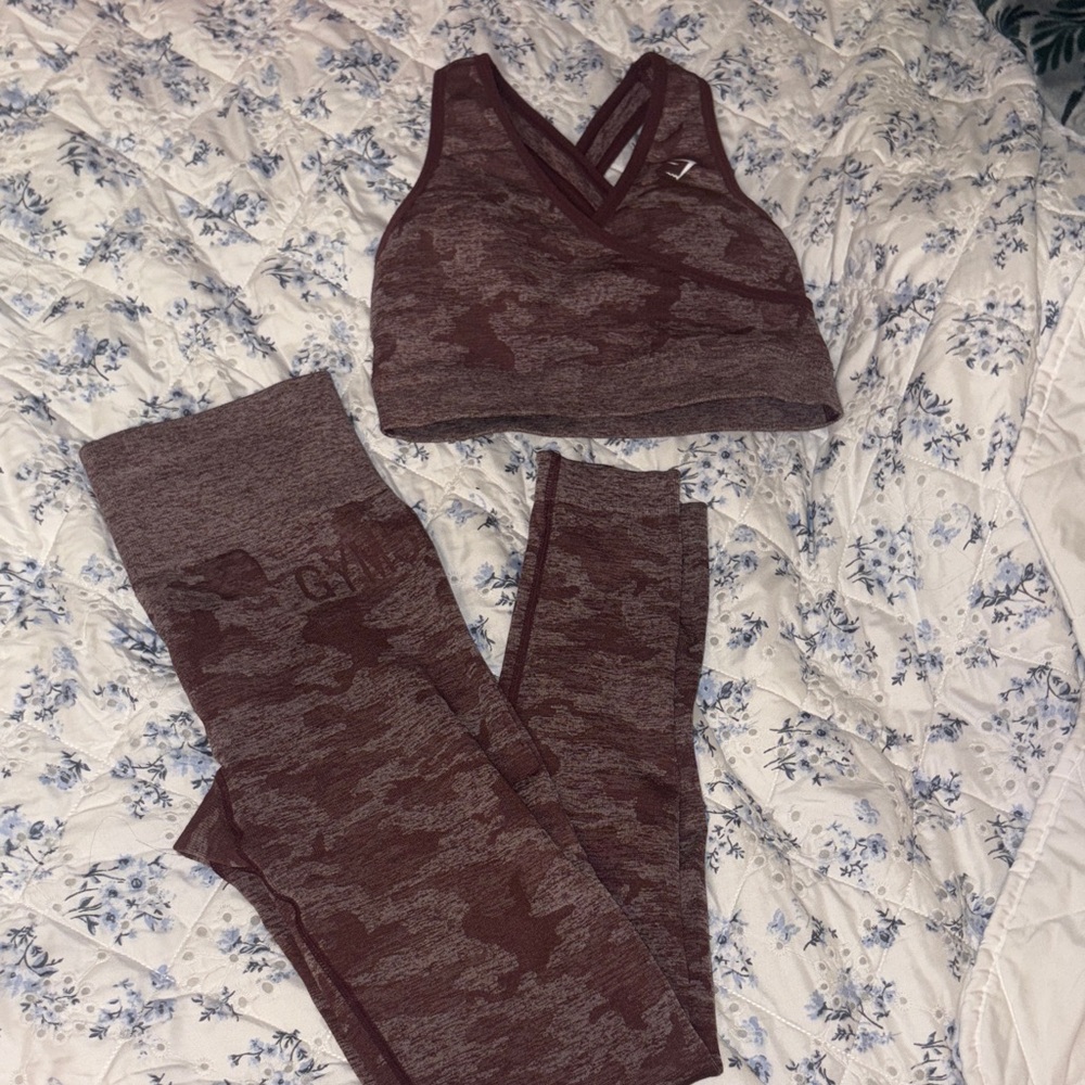 Gymshark Burgundy Camo Seamless Sports Bra and Leggings Set